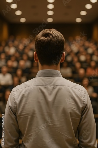 Man standing on stage facing large seated audience in auditorium, concept of leadership, presentation, conference, seminar, keynote speech, business communication and public speaking