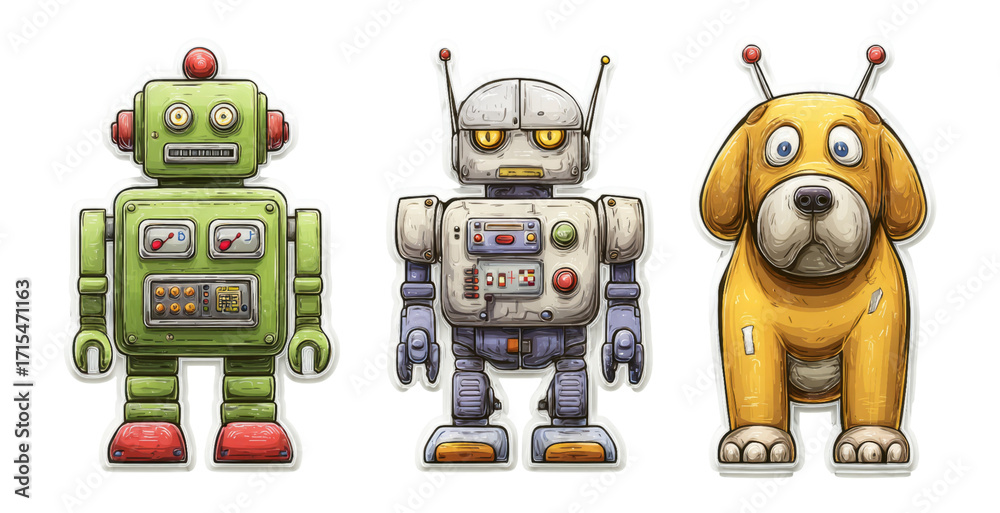 Fototapeta premium Colorful Cartoon Robots and Dog Characters with Simple Designs on Transparent Background