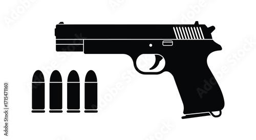 A black silhouette of a handgun with four bullets nearby