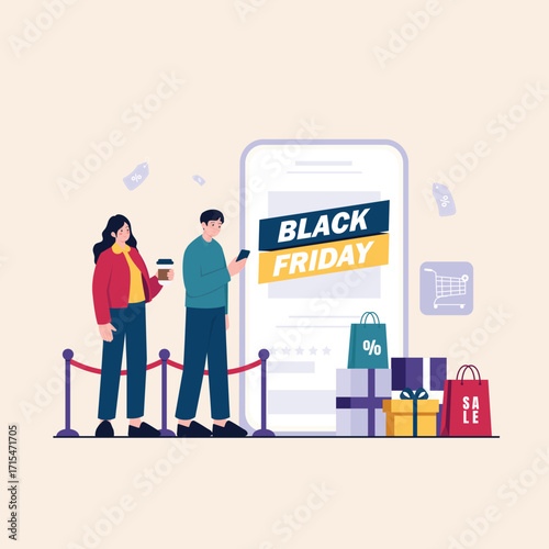Black Friday Shopping People Browsing Deals on Mobile with Shopping Bags and Gifts