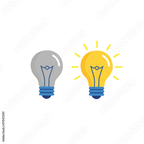 two light bulbs, one turned off and one glowing. Flat design symbolizing idea, innovation, creativity, solution, and inspiration.