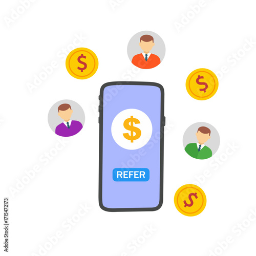mobile phone with dollar coin, refer button, people avatars, and money icons. Concept of referral program, affiliate marketing, digital rewards, cashback, and online business strategy.