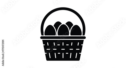 A simple black and white illustration of a basket filled with eggs