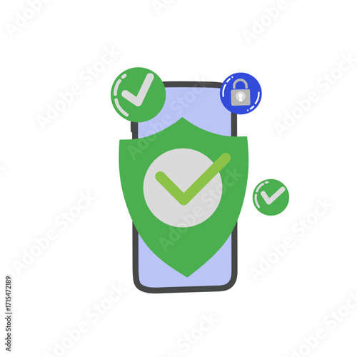 smartphone with shield, check mark, and lock icons. Concept of mobile security, online protection, data privacy, safe technology, secure payment, and antivirus app.