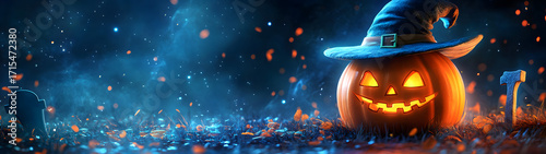 Happy Halloween. Simple background surrounded by pumpkins, ghosts, leaves, trees and graves.