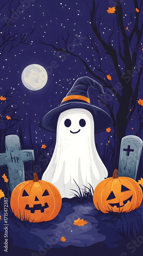 Happy Halloween. Simple background surrounded by pumpkins, ghosts, leaves, trees and graves.