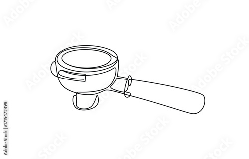 A clean line drawing of a coffee machine portafilter with a single shot basket and handle. Perfect for culinary and beverage related designs.