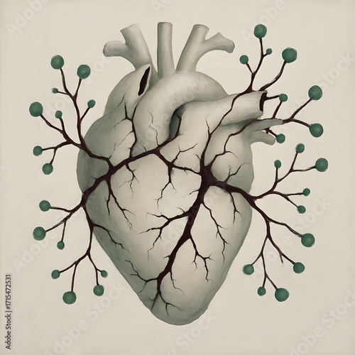 Surreal artistic illustration of a cracked human heart with organic branches extending outward, blending anatomical realism with imaginative botanical design for symbolic concept art