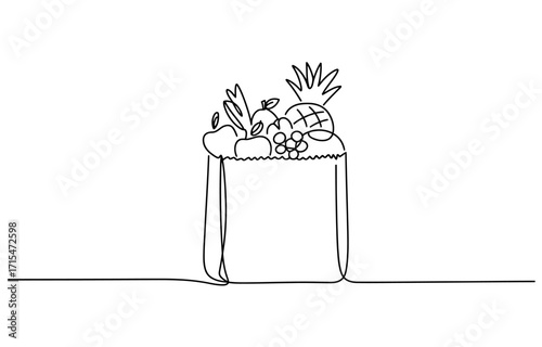 Whimsical line art grocery bag overflowing with fresh produce and healthy food items vector