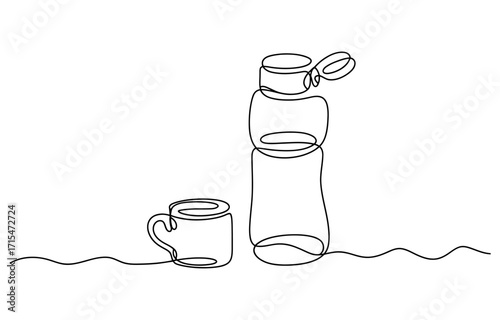 Minimalist sketch of a coffee cup and sauce bottle side by side vector