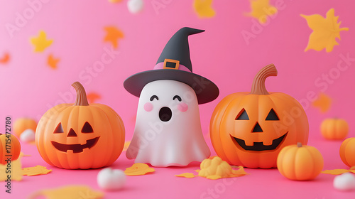 Happy Halloween party invitation surrounded by pumpkins, ghosts, and graves,