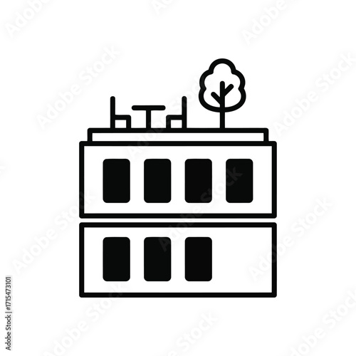 Vector art of building with rooftop seating and tree