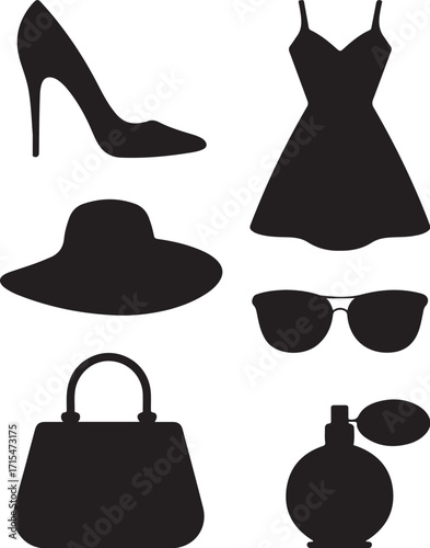 Chic fashion icons: dress, heels, hat, bag, glasses, perfume
