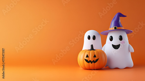 Happy Halloween party invitation surrounded by pumpkins, ghosts, and graves,