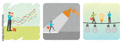 Forecast or prediction. Business direction or spotlight to success. Difference idea innovation.