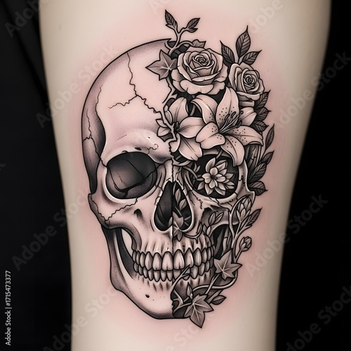 Floral skull tattoo design