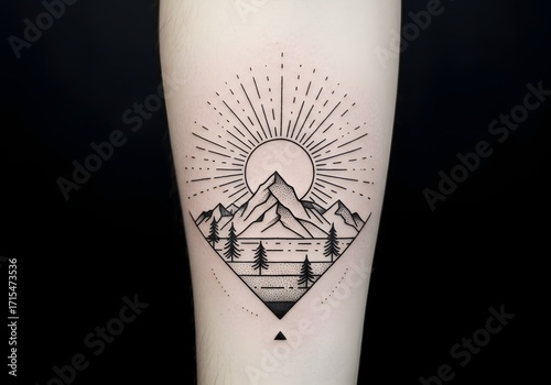 Geometric mountain landscape with sun