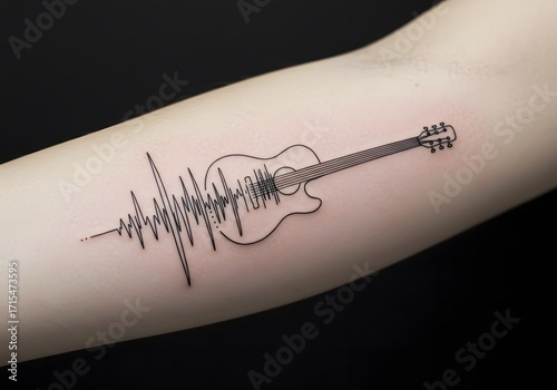 Guitar with a heartbeat sound wave tattoo
