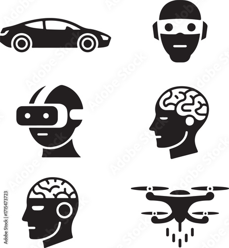 Future tech icons: AI, VR, drone, car, brain