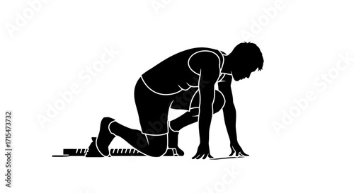 Silhouette of a Runner in Starting Position on the Track Ready to Sprint, Ideal for Illustrating Athleticism, Competition, and Determination in Sports and Fitness Projects.