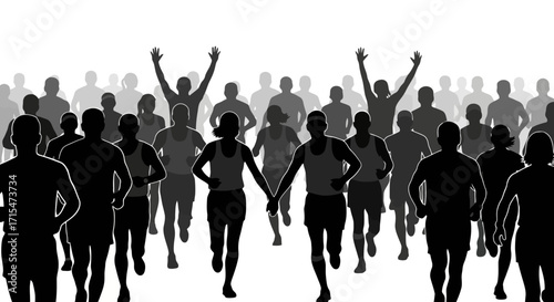 Dynamic Silhouette Illustration of Marathon Runners Crossing the Finish Line, Ideal for Fitness Campaigns and Sporting Event Promotions with High Visual Impact