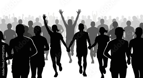 Silhouette illustration of a marathon crowd celebrating victory, promoting fitness campaigns, sports events, and community participation in health and wellness initiatives