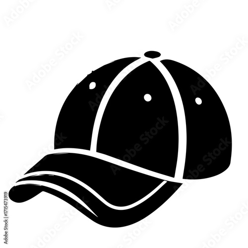 Illustration of a black baseball cap with white accents and a curved brim on a white background