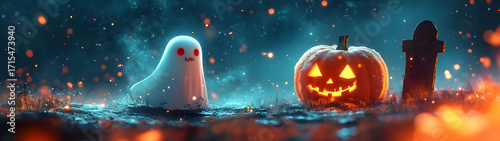 Happy Halloween. Simple background surrounded by pumpkins, ghosts, leaves, trees and graves.