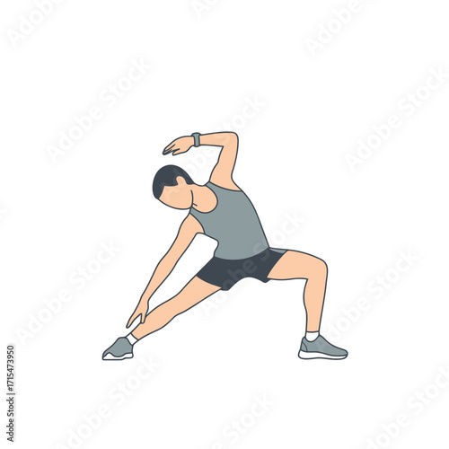 Man performing side lunge stretch exercise for fitness and flexibility training, used for athletic training guides and fitness program demonstrations.