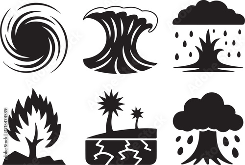 Natural disaster icons storm, wave, flood, fire, drought, rain