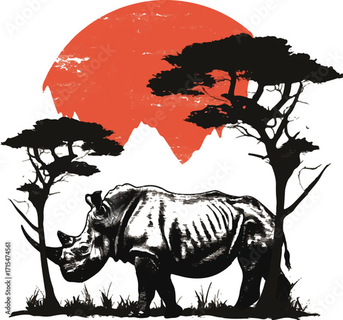 African Rhino Silhouette: A stark, artistic depiction of a majestic rhinoceros in its natural habitat under the fiery African sunset, the image highlighting nature’s grandeur
