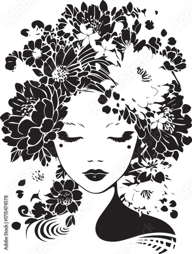 Floral Fantasy: A captivating artwork that is an elegant woman with flowers integrated with her hair and a face of serene reflection and peaceful.