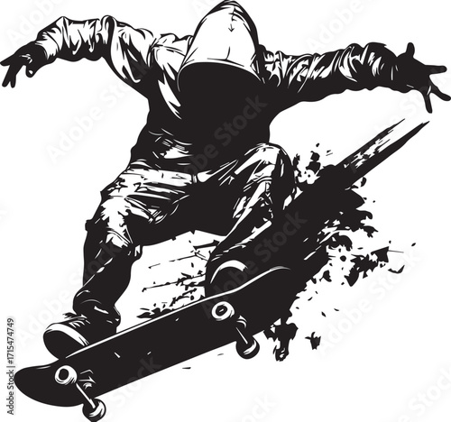 Skateboarder Silhouette in Motion: A dynamic black-and-white illustration of a skateboarder executing a gravity-defying trick, embodying the thrill and energy of urban street culture.