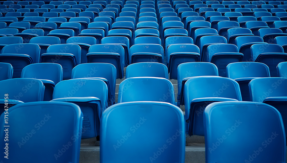 Naklejka premium Rows of empty blue stadium seats receding into the distance form a symmetrical pattern.