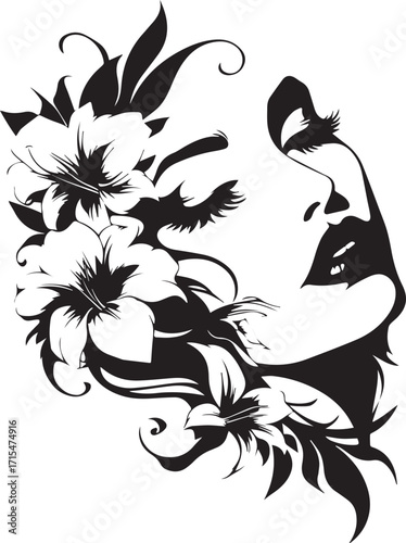 Floral Embrace: An elegant depiction of a human silhouette adorned with lush, stylized floral elements, evoking a sense of delicate beauty, nature's integration and a touch of graceful artistry.