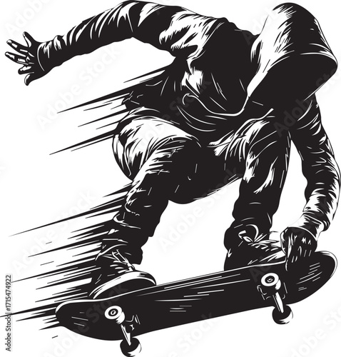 Skateboarder in Dynamic Motion: A dynamic depiction of a hooded skateboarder in mid-air, executing a daring stunt. The image, rendered in high-contrast monochrome.