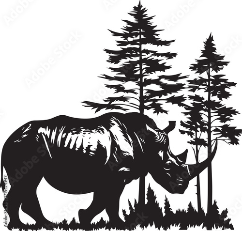 Powerful Silhouette: A majestic rhino stands proudly amid a grove of towering trees, exuding an aura of strength and resilience against an isolated background, showcasing the wild beauty of nature