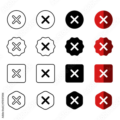 Vector icon set of cancel, error, and close symbols featuring cross marks in circle, square, and badge shapes. 