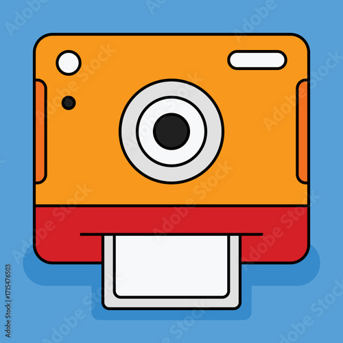 Retro Vintage Film Camera Illustration. Vector Logo Template. Isolated on blue background