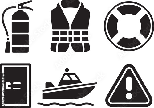 Safety icons: boat, life vest, fire extinguisher, warning