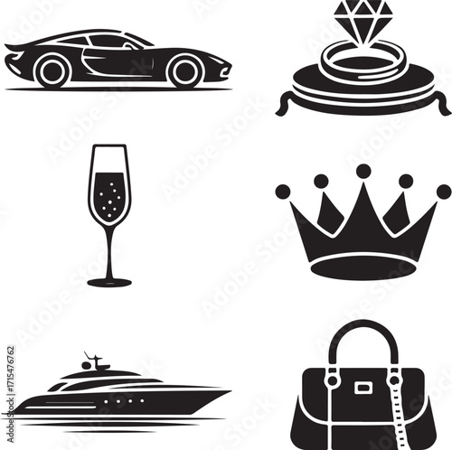 Luxury icons: car, yacht, ring, crown, champagne, bag