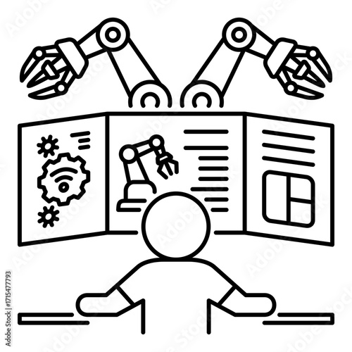 Robotics Control and Industrial Process Management: An Engineer Working at a Multi-Screen Monitor. Representing the Industrial Automation for Modern Manufacturing and Production.