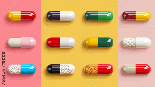 Assortment of colorful capsules pills medicine.