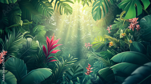 Vibrant Tropical Forest – Lush Green Jungle with Sunlight Rays and Exotic Flowers