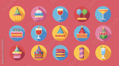 Birthday party icons set cake drinks party hat.