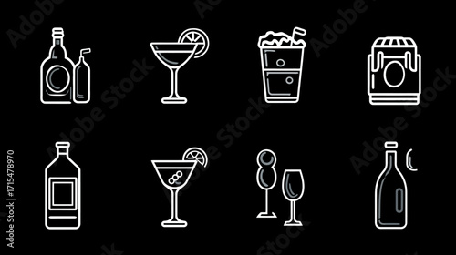 Collection of alcohol beverage icons and glasses.