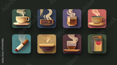 Coffee tea cigarette icons set.