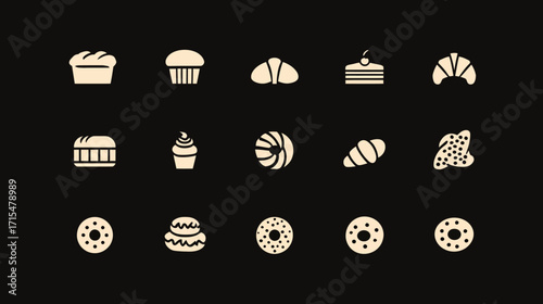 Collection of bakery icons including bread, cakes, and pastries.