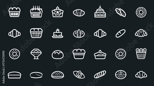 Collection of bakery icons bread cake croissant donut muffin pie.