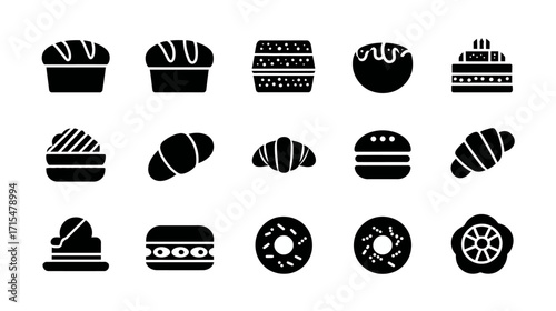 Collection of bakery icons bread cake croissant donut.